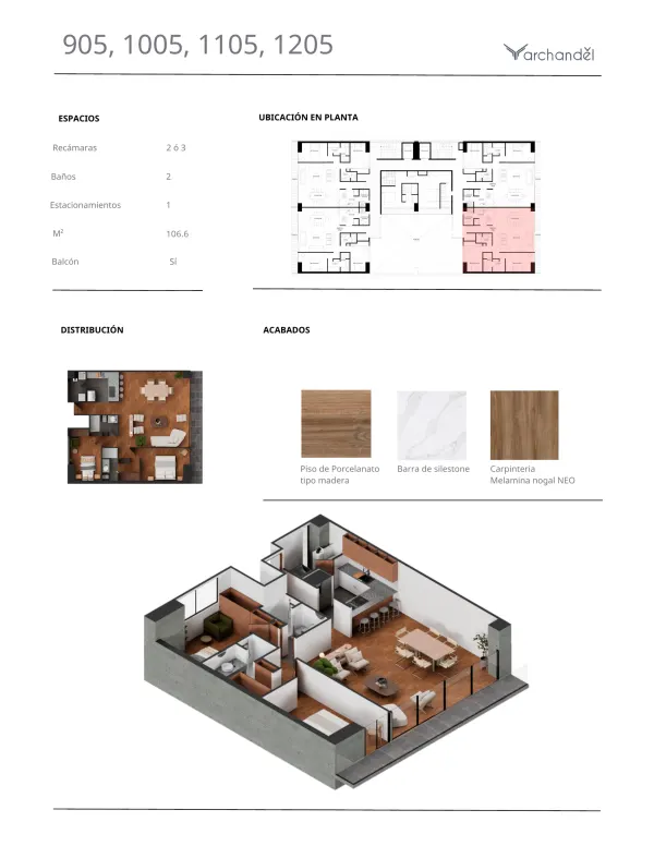 Archandel Morena 312 — Departamentos 905, 1005, 1105 y 1205 · 2 o 3 recámaras · 2 baños · 106.6 m²