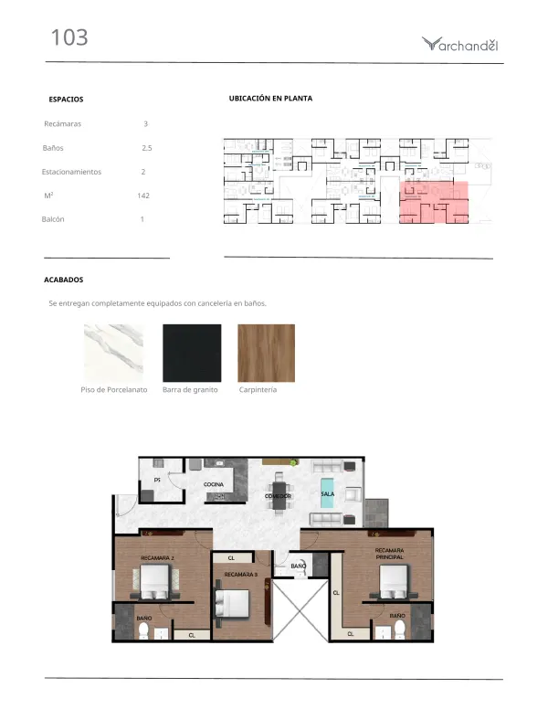Archandel del Bosque — Departamento 103 · 3 recámaras · 2.5 baños · 142 m²