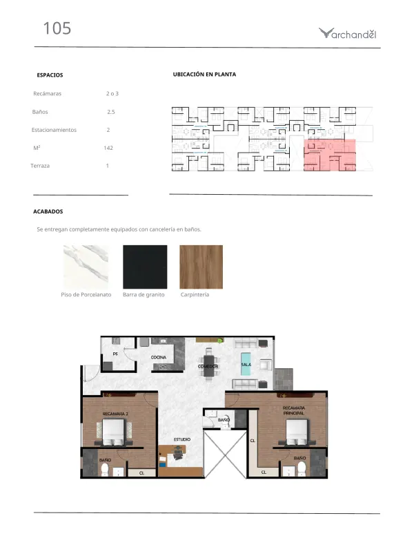 Archandel del Bosque — Departamento 105 · 2 o 3 recámaras · 2.5 baños · 142 m²