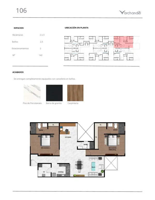 Archandel del Bosque — Departamento 106 · 2 o 3 recámaras · 2.5 baños · 142 m²